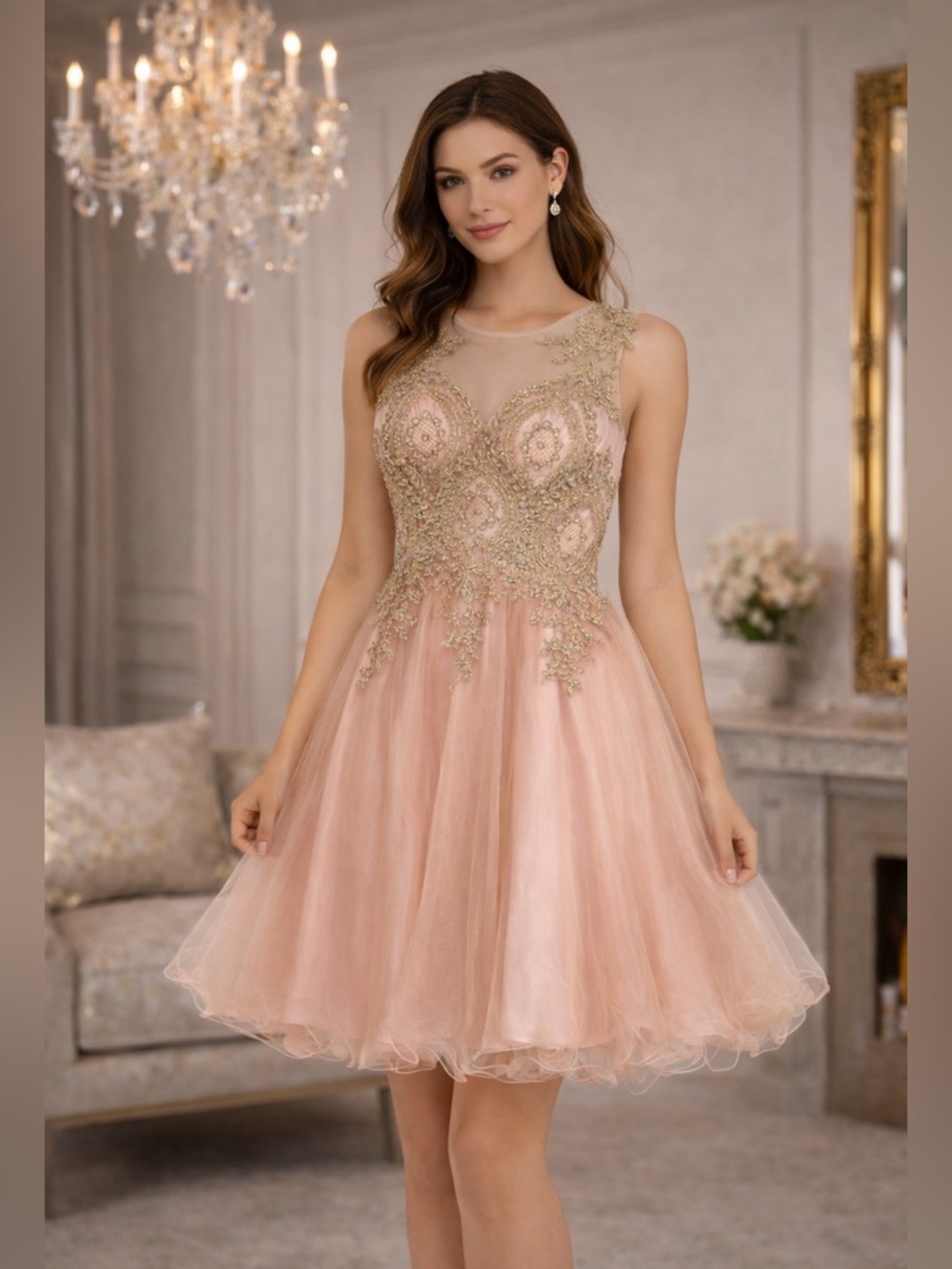 May Queen Couture Blush Pink Gold Embellished Dress Size 6